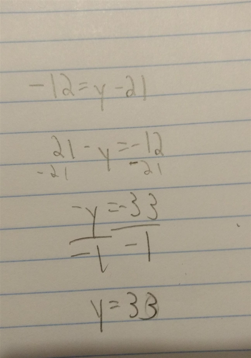 -12 = y - 21 what is the value of y-example-1