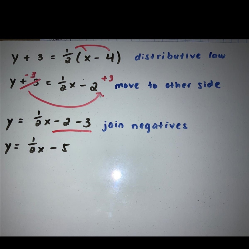 Rewrite the equation y+3=1/2(x-4) in slope intercept form-example-1