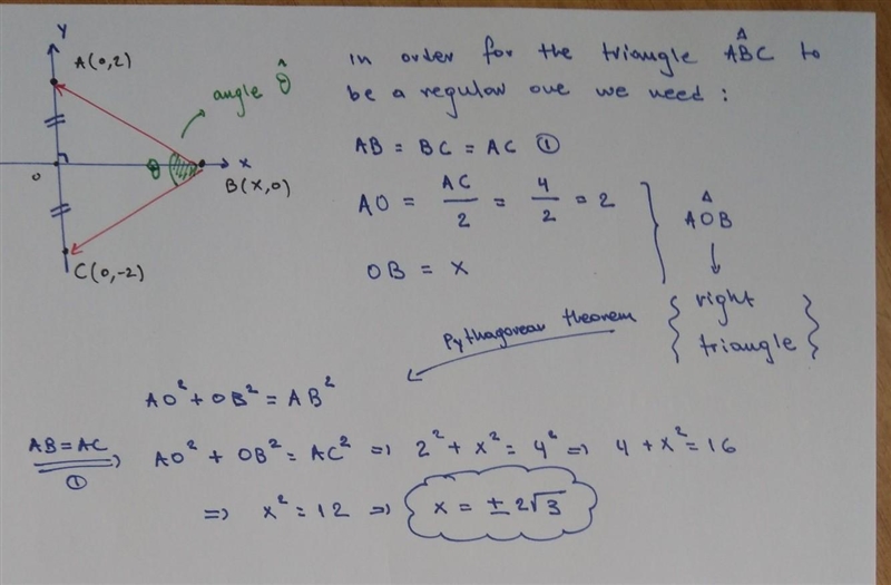 Triangle ABC has vertices A(0, 2), B(x, 0), and C(0, -2). Determine the value of x-example-1