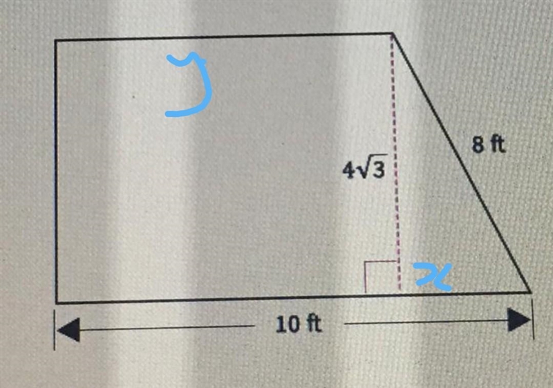 Find the area of the trapezoid!!!! PLEASE HELP!!!! 64 ft^2 54✔️3 ft^2 32✔️3 ft^2 48✔️3 ft-example-1