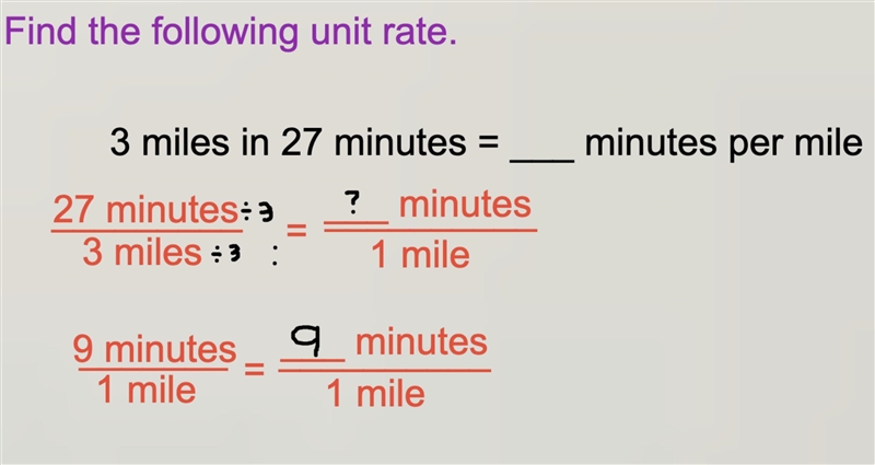 Peter jogs 3 miles in 27 minutes. Find the unit rate in minutes per mile.-example-1