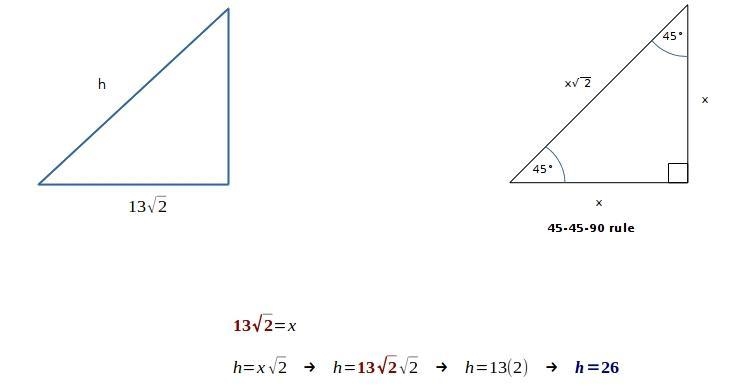 Find the length of the hypothesis of a 45degree -45 -90 triangle with leg length 13 square-example-1