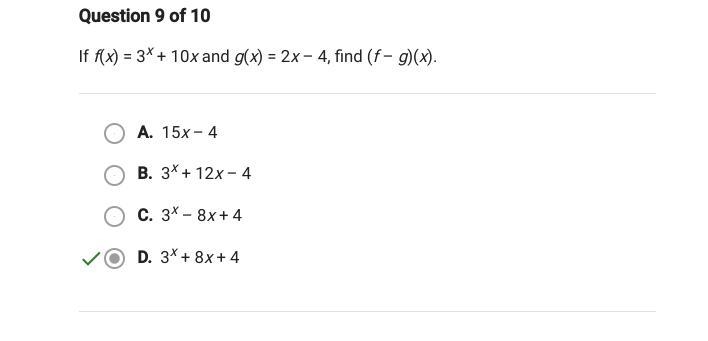 If f(x)=3^x+10x and g(x)=2x-4, find (f-g)(x)-example-1