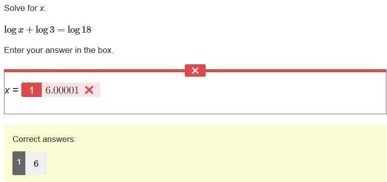 Solve for x. logx+log3=log18-example-1