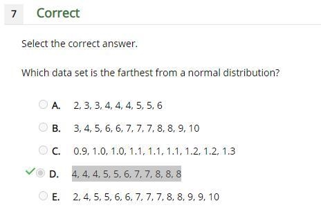 Which data set is the farthest from a normal distribution? A. 2,3,3,4,4,4,5,5,6 B-example-1