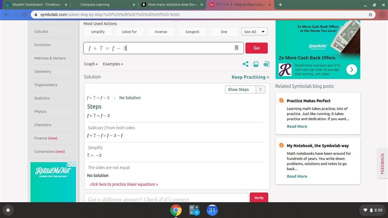 How many solutions does the equation have? f + 7 = f - 3-example-1