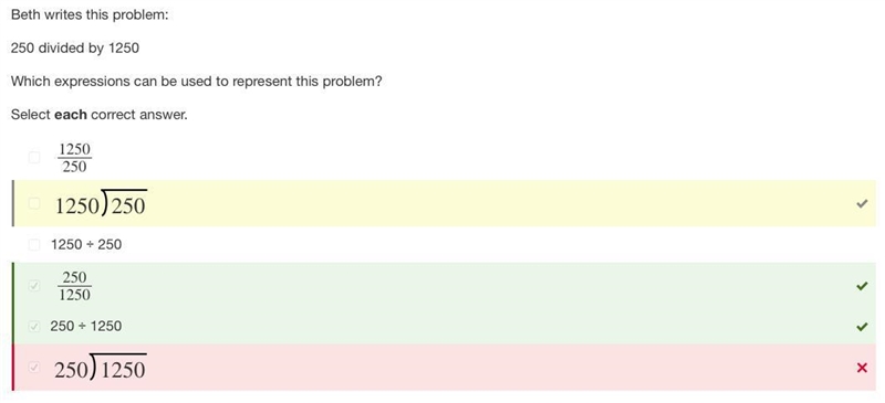 Beth writes this problem: 250 divided by 1250 Which expressions can be used to represent-example-1