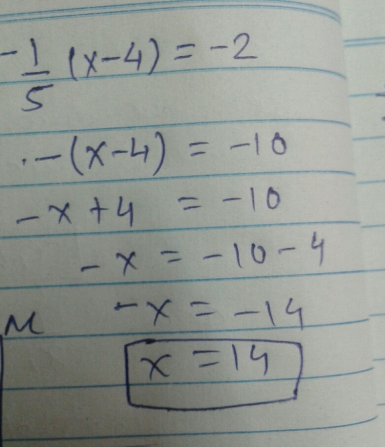 Plzzz help me with thisssss − 1/5 (x−4)=−2-example-1