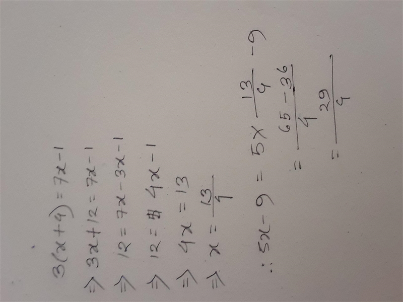 If x is the solution to the equation 3(x+4)=7x-1, what is the value of 5x-9. Explanation-example-1