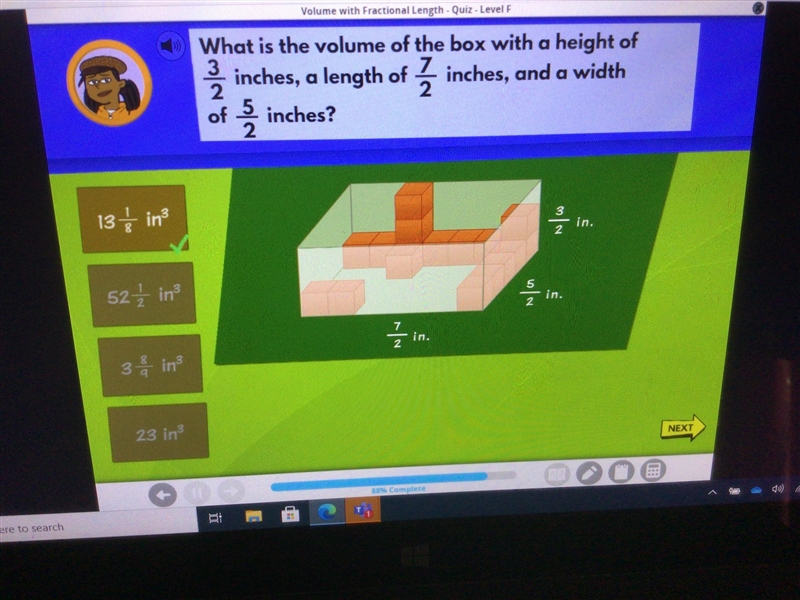 What is the volume of a box with a height of 3/2 inches, and then seven over2 inches-example-1