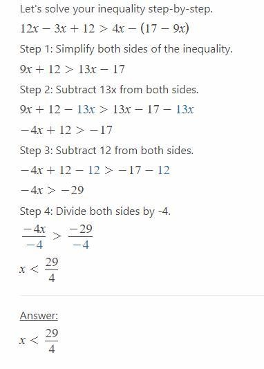 What are the solutions of the inequality 12x - 3x + 12 > 4x - (17 - 9x)-example-1