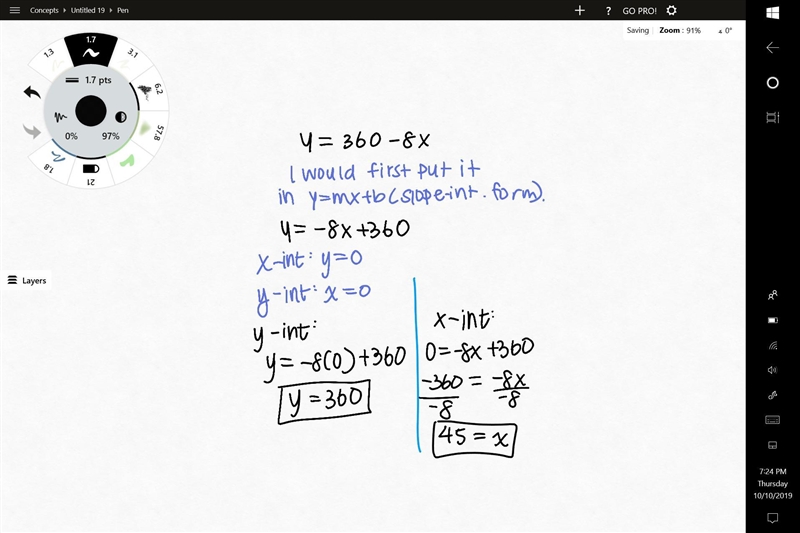 X and y intercepts of y = 360 - 8x-example-1