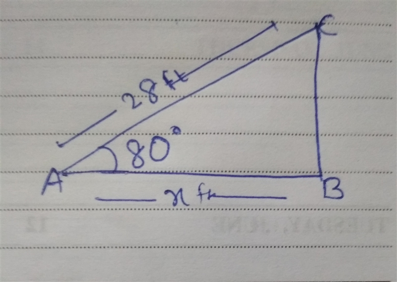 a 28 ft. ladder leaning against a vertical wall makes an angel of 80 degrees with-example-1