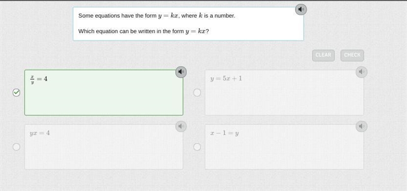 Some equations have the form y=kx, where k is a number. Which equation CANNOT be written-example-1