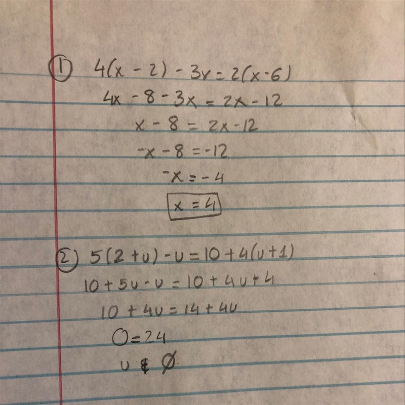 What are the solutions to: 1) 4(x-2)-3x = 2(x-6) and 2) 5(2+u)-u = 10+4(u+1)​-example-1