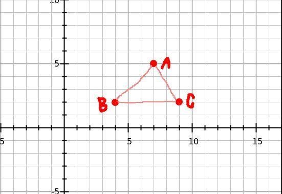 The vertices of a triangle are A(7, 5), B(4, 2), and C(9, 2). What is m∠ABC?-example-1