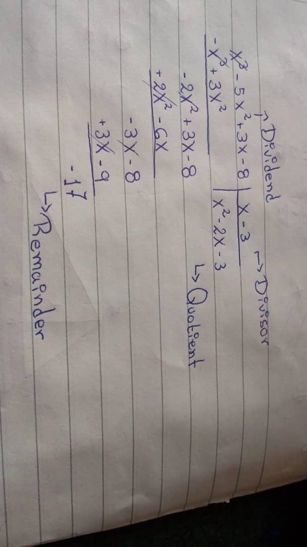 What is the quotient when x^3 -5x^2 + 3x -8 is divided by x-3 ?-example-1