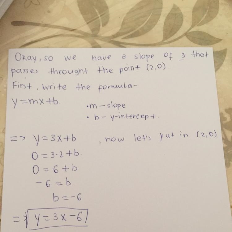 HELP!!! Determine the equation of the line with slope 3 that passes through the point-example-1