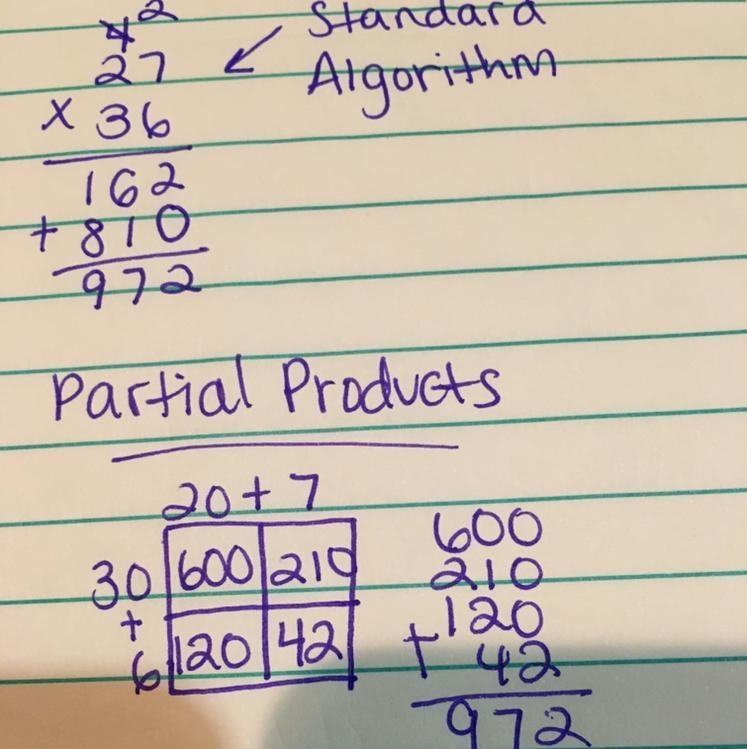 How do you do 27 x 36 in standard algorithm and partial products?-example-1