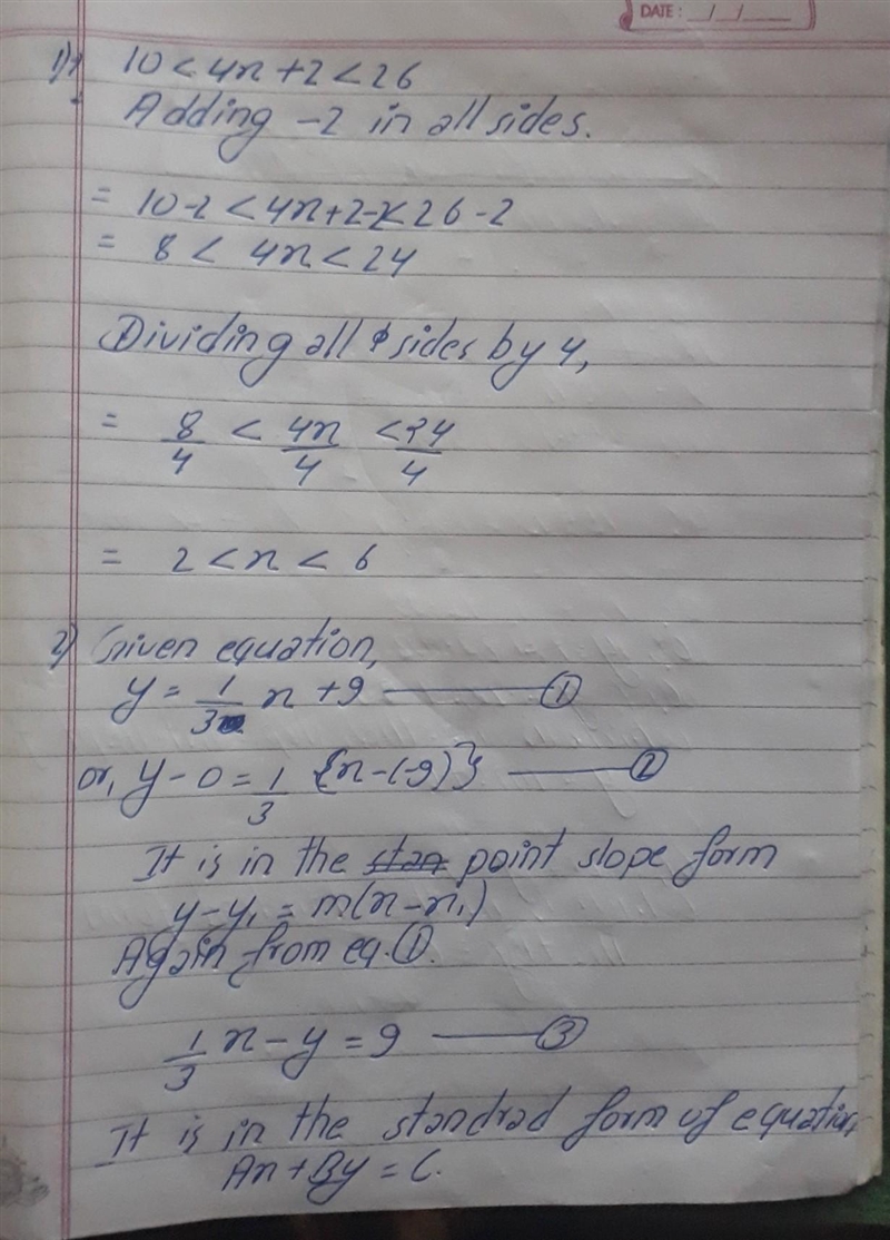 1 Explain how to solve the compound inequality 10<4x+2<26 2 Rewrite the equation-example-1