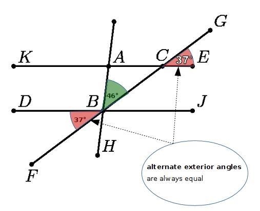 Given that DJ║KE, ∠DBF = 37°, and ∠angle ABC = 46°, find the measure of ∠GCE in degrees-example-1