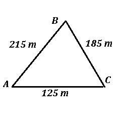 A triangular lot has sides of 215m, 185m, and 125m. Find the measures of the angles-example-1