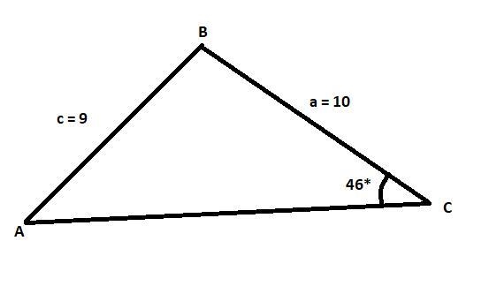 In ΔABC, ∠C measures 46° and the values of a and c are 10 and 9, respectively. Find-example-1