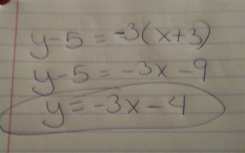 What is the point-slope for of the linear equation that passes through the point (- 3, 5) and-example-1