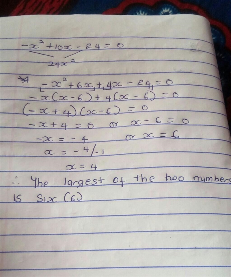 The product (X) of two numbers is 24 and their sum (+) is 10. What is the value of-example-1