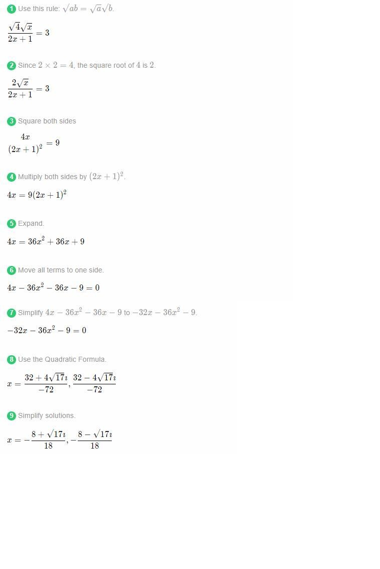 Square root 4x divided by 2x+1= 3 solve-example-1