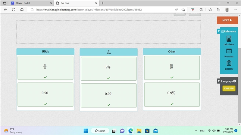 Drag each number to show whether it is equal to 90 percent, 90/100,or neither-example-1