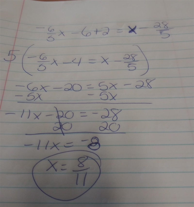 Solve for x and write your answer in simplest form: -(6/5x + 6) + 2 = -4/5(-5x + 7)-example-1