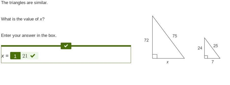 The triangles are similar. What is the value of x? Enter your answer in the box. x-example-1