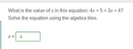 What is the value of x in this equation: 4x + 5 = 3x +4-example-1