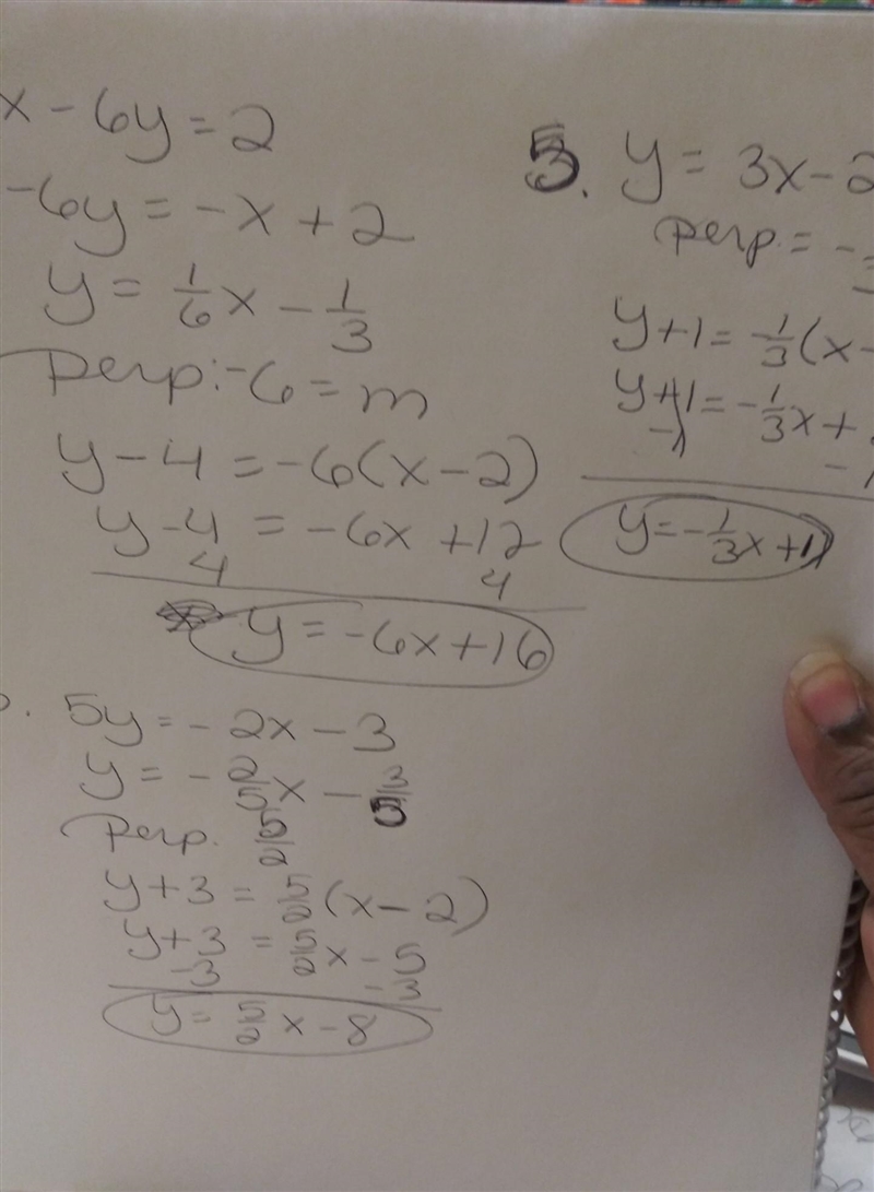 1. perpendicular to x - 6y = 2; (2, 4) 3. perpendicular to 2x + 5y = -3; (2, -3) 5. perpendicular-example-1