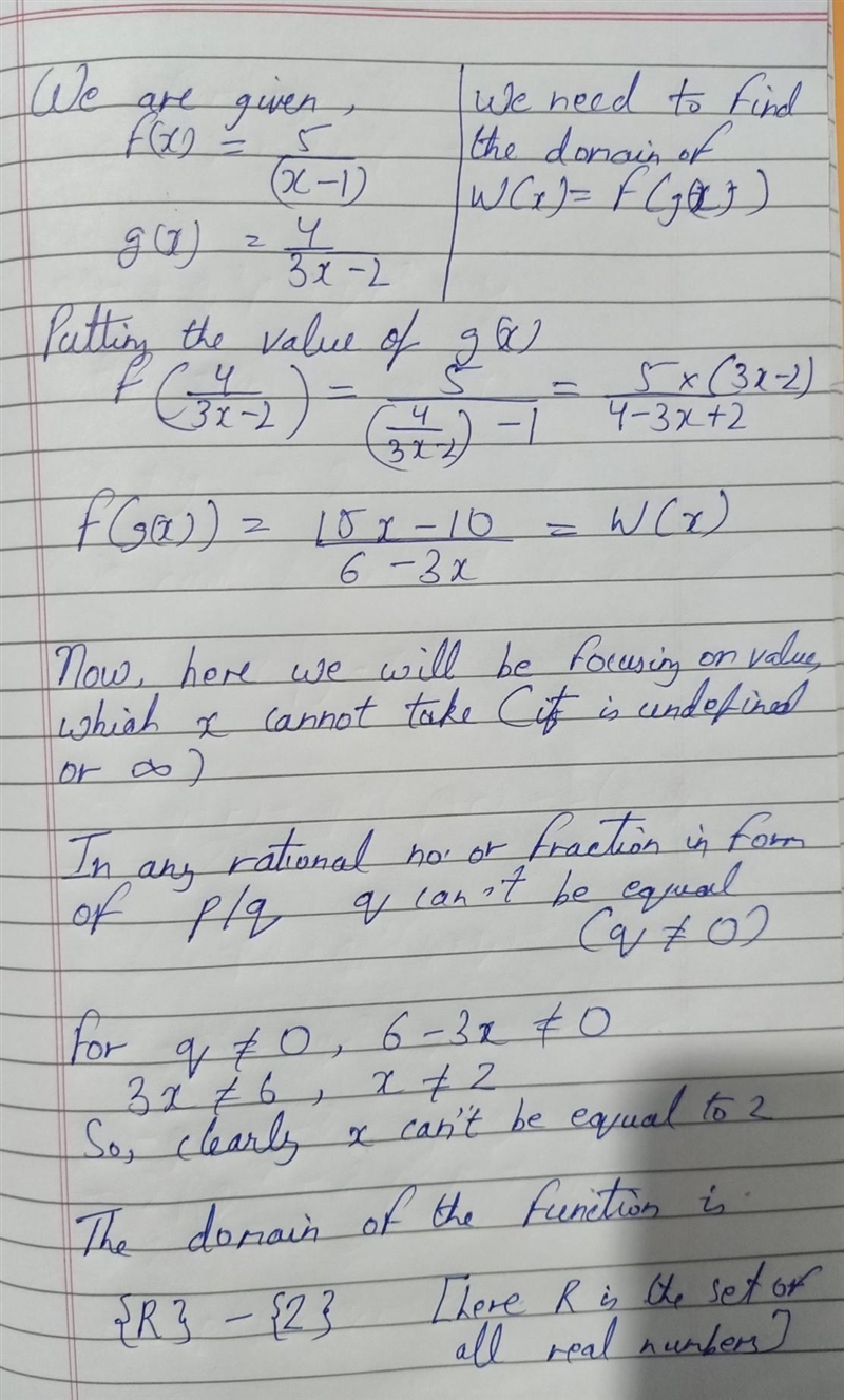 What is the domain of the composite function W(x) = f(g(x)) when f(x) =5/(x-1) and-example-1