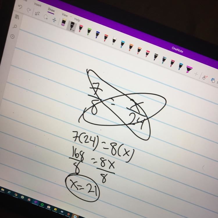 How can you solve for x in the proportion 7/8 = x/24? Set the sum of 7 and 8 equal-example-1