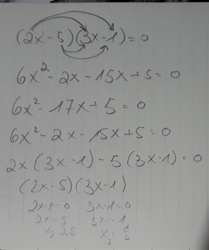 What are the solutions to the equation (2x - 5)(3x - 1) = 0? A) x= -5/2 or x= -1/3 B-example-1