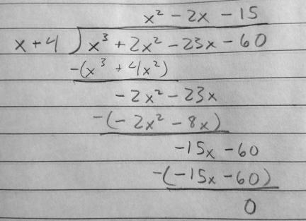 20. One factor of x^3 + 2x^2 – 23x - 60 is x +4. Find the remaining factors.-example-1