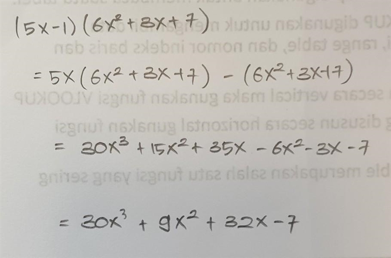 Multiply (5x-1)(6x^2+3x+7) SHOW WORK-example-1