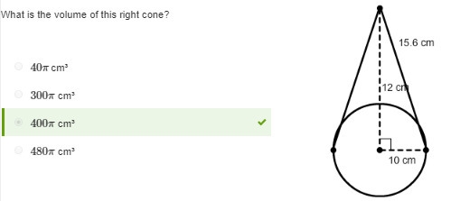 What is the volume of this right cone? • 40π cm³ • 300π cm³ • 400π cm³ • 480π cm³-example-1