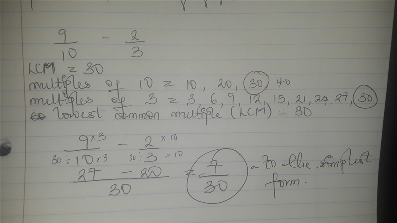 Subtract. Express your answer in simplest form. 9/10−2/3-example-1