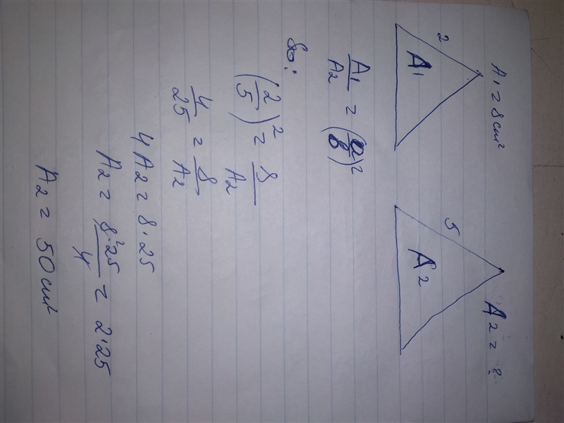 Two corresponding sides of similar triangles are 2 cm and 5 cm. What is the area of-example-1