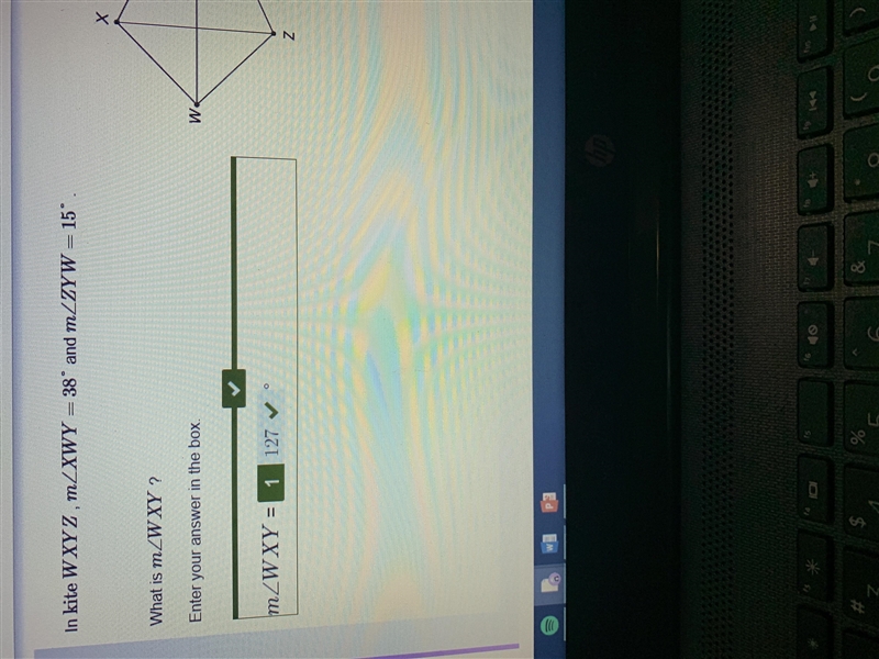 In kite WXYZ, measure of angle XWY=38° and measure of angle ZYW=15° what is the measure-example-1