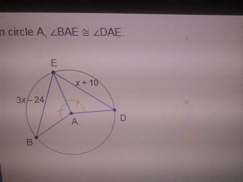 In circle A, ∠BAE ≅ ∠DAE. What is the value of x? 14 17 27 34-example-1