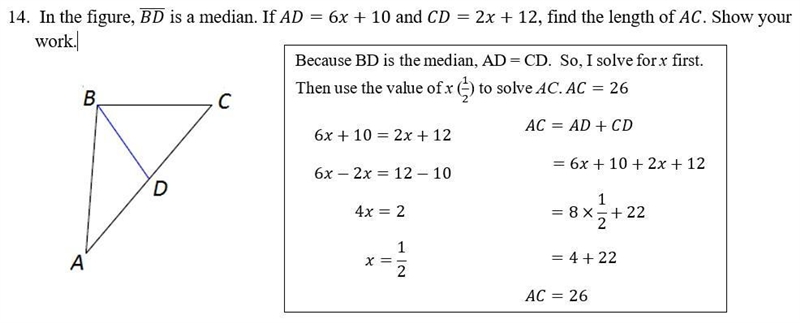 In the figure, BD is a median. If AD=6x+10 and CD=2x+12, find the length of AC. Show-example-1