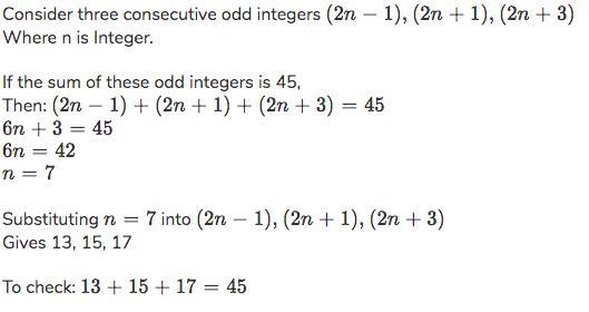 The sum of three consecutive odd numbers is 45. What are the three numbers. Show the-example-1