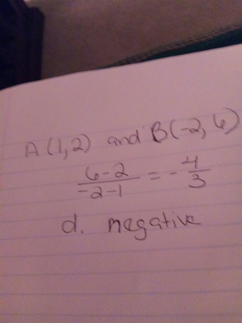 Line AB contains points A (1, 2) and B (−2, 6). The slope of line AB is (4 points-example-1