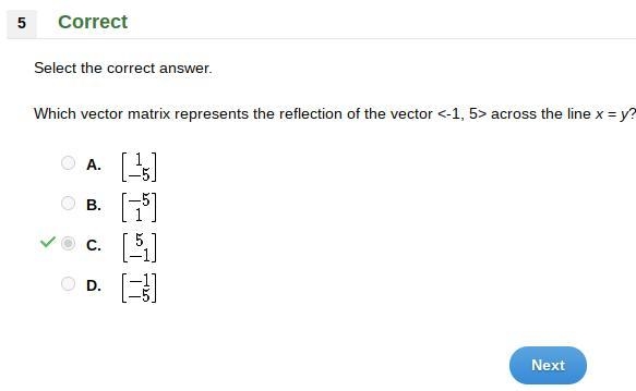 Which vector matrix represents the reflection of the vector <-1,5> across the-example-1