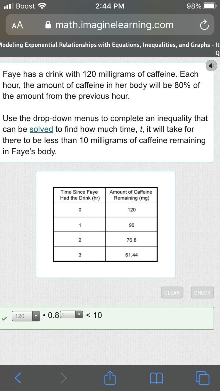 Faye has a drink with 120 milligrams of caffeine. Each hour, the amount of caffeine-example-1